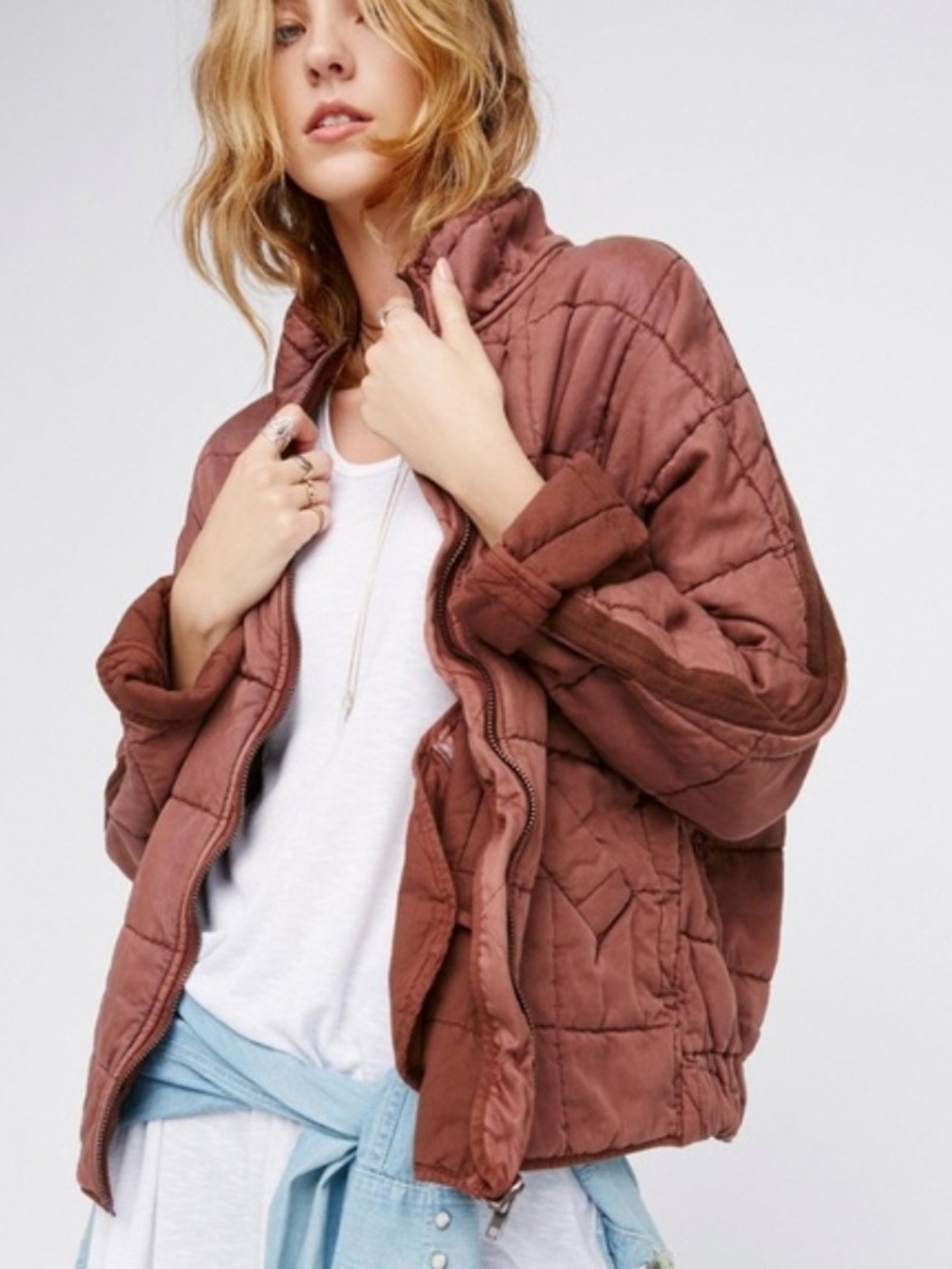 Quilted Lightweight Bomber Jacket - Pink Mauve